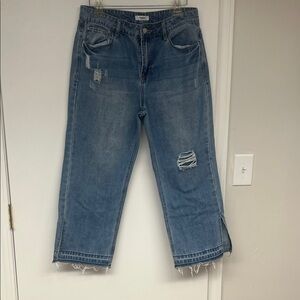 Kensie Distressed Cropped Jeans - Medium Blue